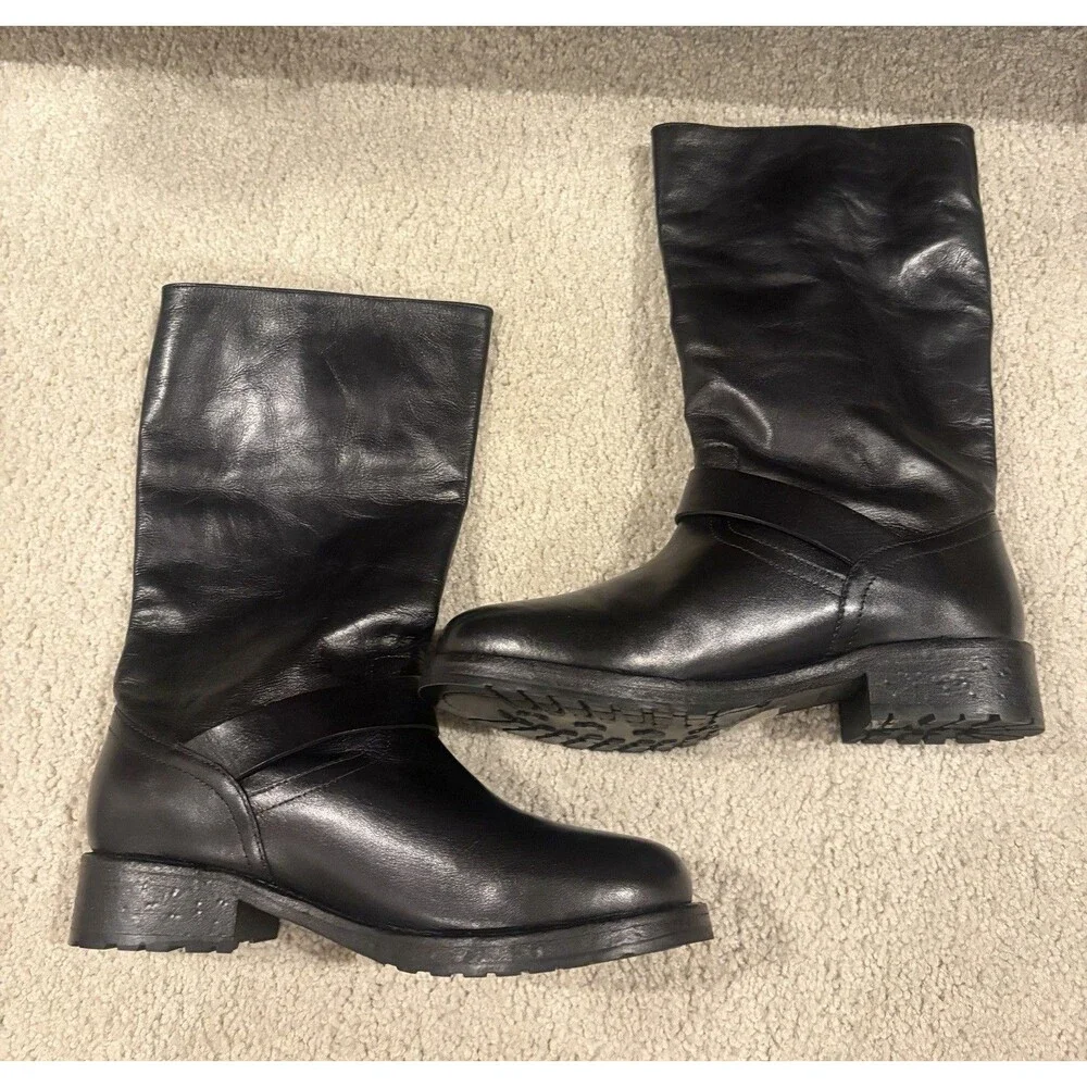 Free People Black Leather Moto Boots with Buckle Detail